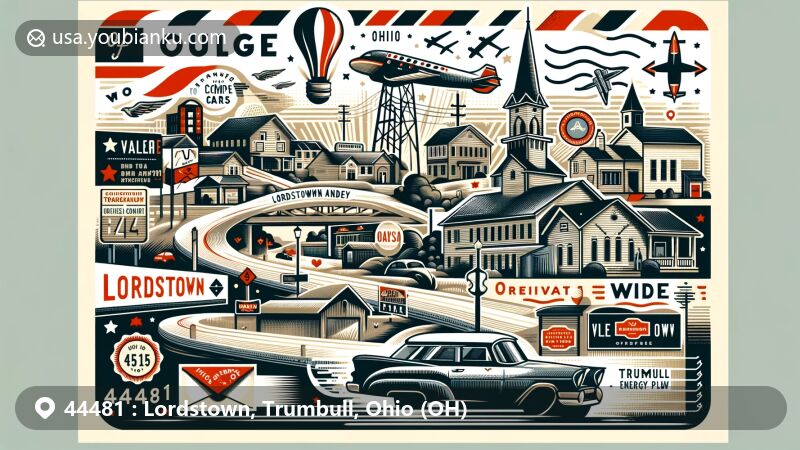 Modern illustration of Lordstown, Ohio, showcasing postal theme with ZIP code 44481, highlighting the village's geography, landmarks, and connection to Warren, Niles, and Youngstown, including Lordstown Assembly and Trumbull Energy Center project.