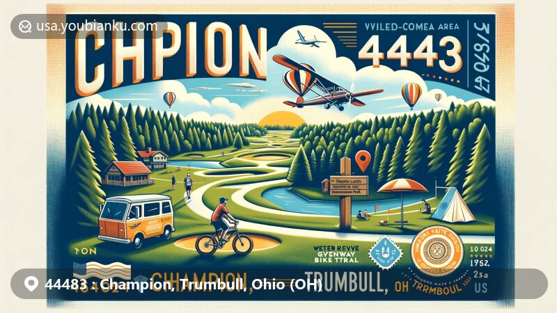 Modern illustration of the '44483' zipcode area in Champion, Trumbull, Ohio, showcasing the town's charm amidst lush landscapes ideal for outdoor activities like biking and disc golf. Includes iconic landmarks like Willow Lake Park, Northwood Golf Course, and Kent State University, with a vintage postal theme featuring postcard motifs and '44483 Champion, OH' postmark.