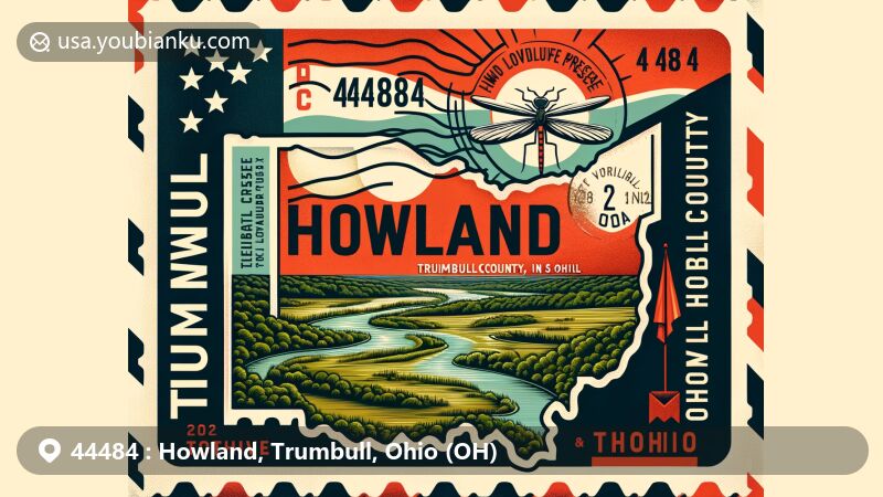 Modern illustration of Howland, Trumbull County, Ohio, featuring natural beauty of Howland Wildlife Preserve & Mosquito Creek, vintage postal theme with airmail envelope border, stamps, and ZIP code 44484.