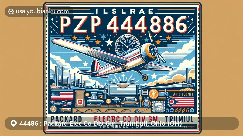 Modern illustration of Packard Elec Co Div Gm, Trumbull, Ohio, showcasing postal theme with ZIP code 44486, featuring Ohio state flag, Trumbull County outline, Packard Electric, and local landmarks.