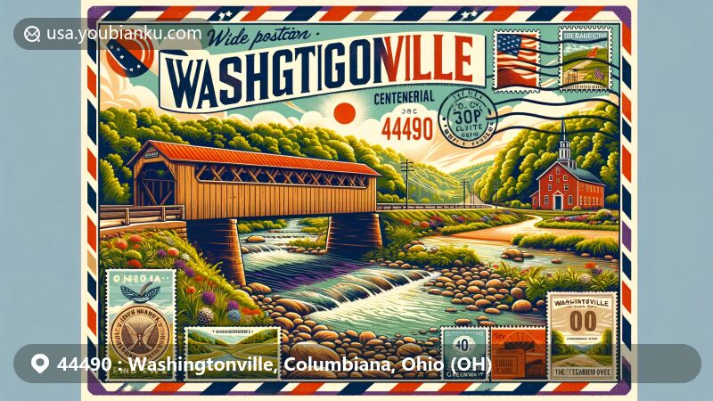 Modern illustration of Washingtonville, Ohio, depicting Little Beaver Creek Greenway Trail, Teegarden-Centennial Covered Bridge, and Beehive Coke Ovens Park, with postal motifs like vintage stamp and ZIP code 44490.