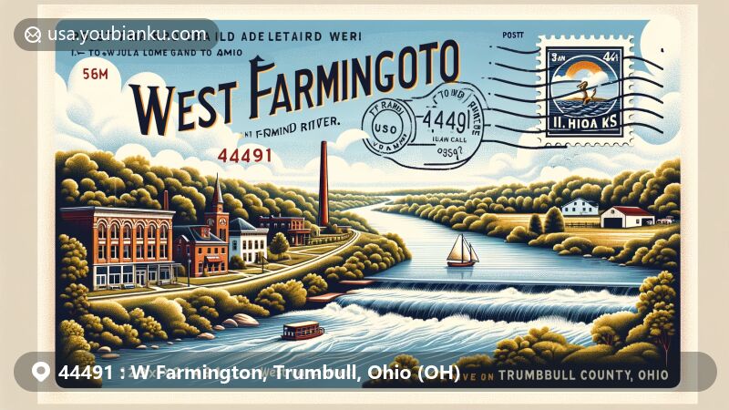 Modern illustration of West Farmington, Trumbull County, Ohio, featuring quaint charm along the Grand River and postal elements with ZIP code 44491.