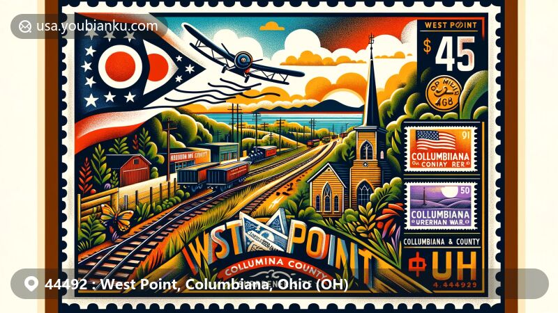 Modern illustration of West Point, an unincorporated community in Columbiana County, Ohio, featuring retro airmail envelope with Ohio state flag, Columbia County outline, John H. Morgan surrender site from Civil War, and scenic views of St. Agatha Church surrounded by lush greenery and local railroad.
