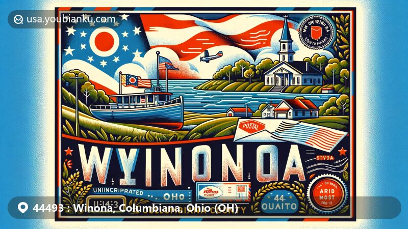 Modern illustration of Winona, Columbiana County, Ohio, featuring a vintage airmail envelope with '44493' ZIP code and Ohio state flag, highlighting local postal history and cultural landmarks.