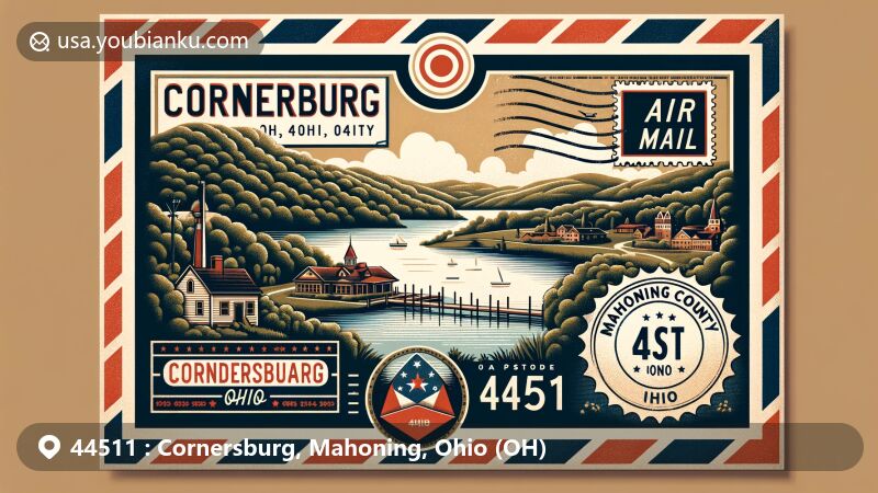 Vintage-style postcard illustration of Cornersburg, Mahoning County, Ohio, showcasing Lake Macachee and Ohio's natural beauty, with nods to local history and postal theme.