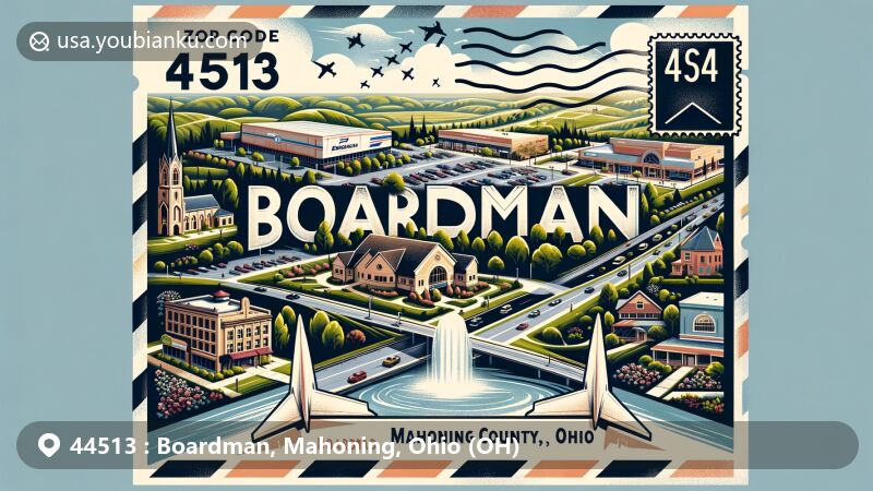 Modern illustration of Boardman, Mahoning County, Ohio, showcasing iconic landmarks like Boardman Park, Southern Park Mall, St. James Episcopal Church, and Mill Creek Park, integrating a creative postal theme with ZIP code 44513, Ohio state silhouette, and American flag.