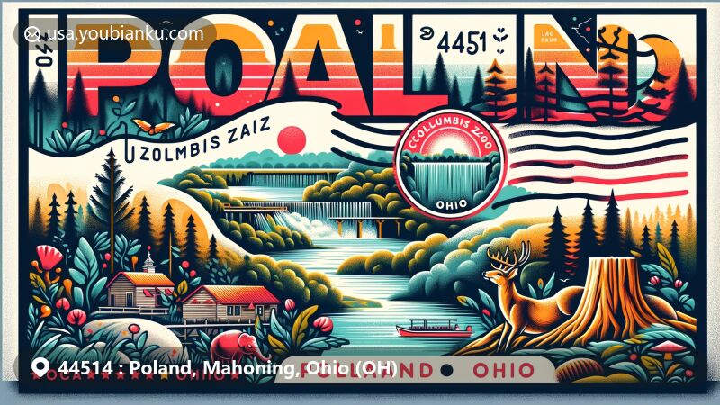 Modern illustration of Poland, Ohio, ZIP Code 44514, featuring Hocking Hills State Park with Old Man's Cave, Whispering Cave, Columbus Zoo and Aquarium, and Wildlights event.