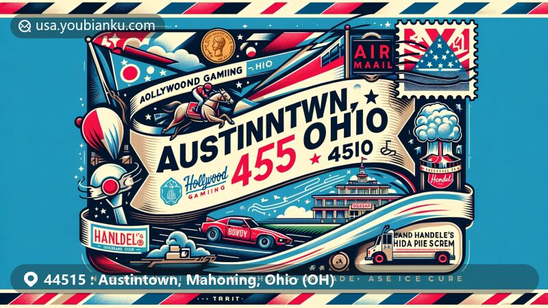Modern illustration of Austintown, Ohio, featuring airmail envelope design with ZIP code 44515, showcasing local attractions like Hollywood Gaming and Handel's Ice Cream, and integrating Ohio state flag.