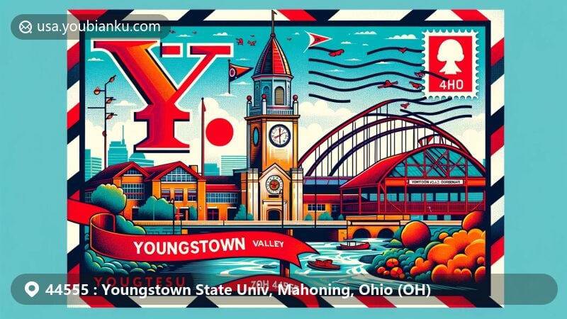 Modern illustration showcasing Youngstown State University in Mahoning County, Ohio, featuring iconic clock tower with postal elements and local symbols.