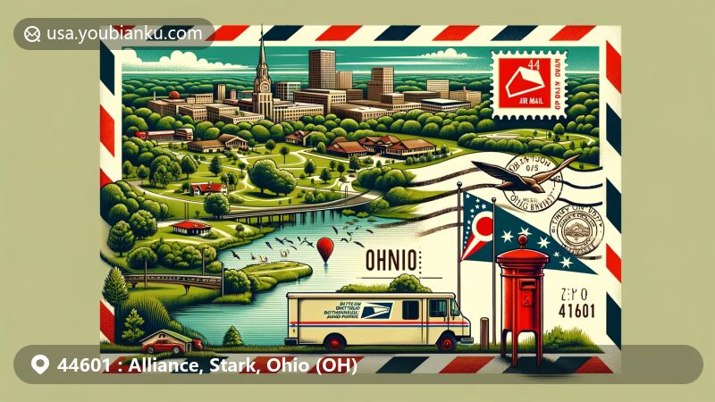 Modern illustration of Alliance, Ohio, showcasing postal theme with ZIP code 44601, featuring Butler-Rodman Park, Beech Creek Botanical Garden, Sleepy Hollow Golf Club, and mail delivery symbols.