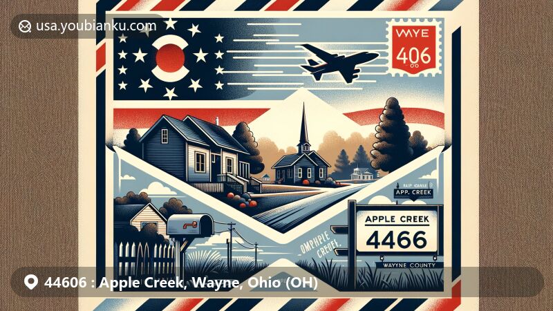 Modern illustration of Apple Creek, Ohio, featuring postal theme with ZIP code 44606, blending geographical and postal elements, including the Ohio state flag and Wayne County outline.
