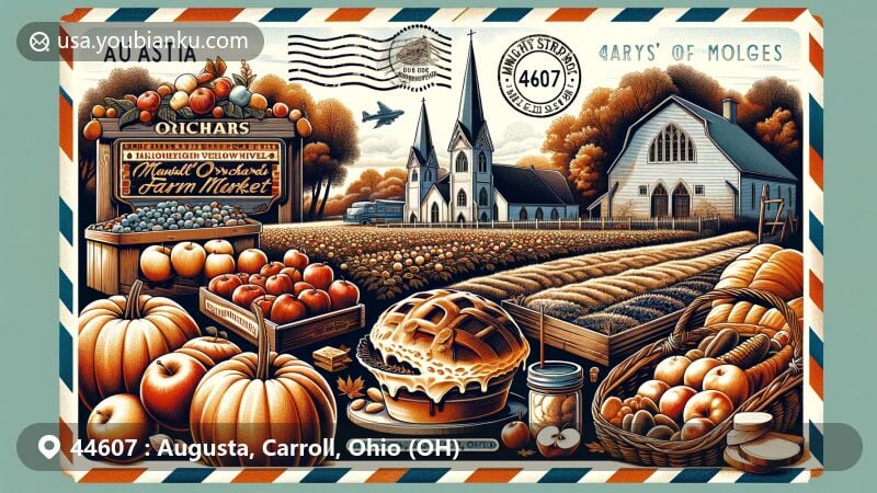 Modern illustration of Augusta, OH, showcasing agricultural richness and natural beauty, featuring Manfull Orchards Farm Market and St. Mary's of Morges Church.