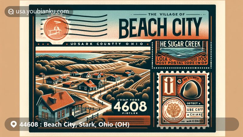 Modern illustration of Beach City, Stark County, Ohio, showcasing postal theme with ZIP code 44608, featuring Sugar Creek, rolling terrain, and historical reference to Machan's Rock.