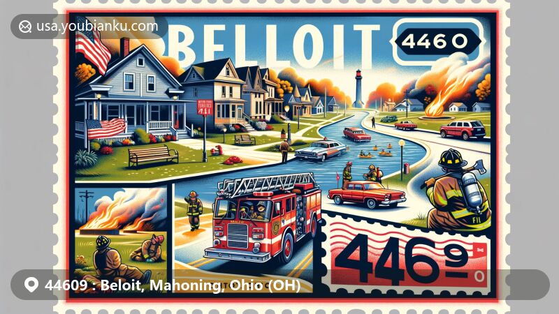 Modern illustration of Beloit, Mahoning County, Ohio, showcasing village charm and postal theme with ZIP code 44609, featuring fire department, firefighters, and natural surroundings.