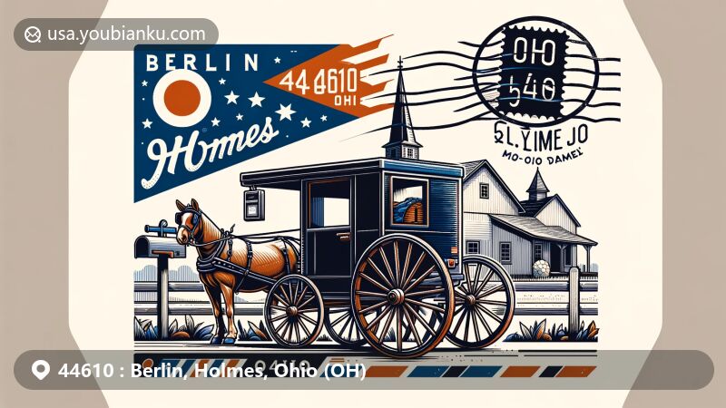 Modern illustration of Berlin, Holmes County, Ohio, showcasing postal theme with ZIP code 44610, featuring Amish culture with buggy and handmade crafts, and Ohio state flag in background.