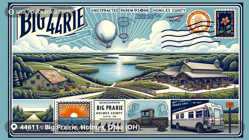 Modern illustration of Big Prairie, Holmes County, Ohio, featuring ZIP code 44611, showcasing Odell Lake, Sunny Slope Winery, and vintage postal elements.
