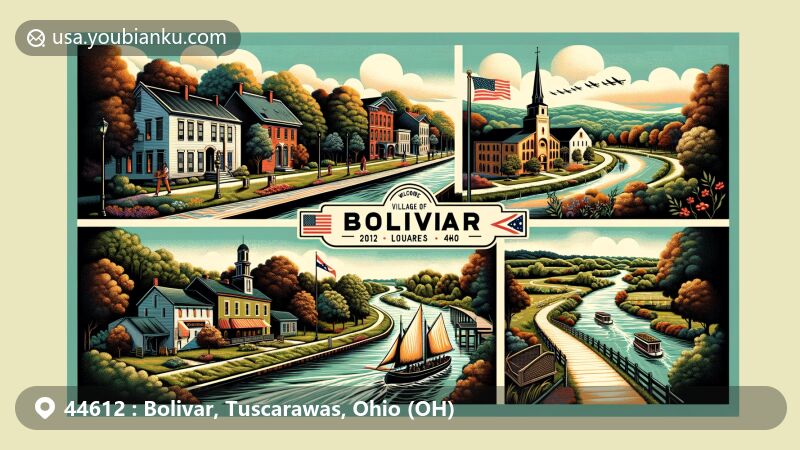 Modern illustration of Bolivar, Ohio, featuring ZIP code 44612 depicted as a vibrant postcard, showcasing Tuscarawas River, Fort Laurens, and Ohio & Erie Canal Towpath.