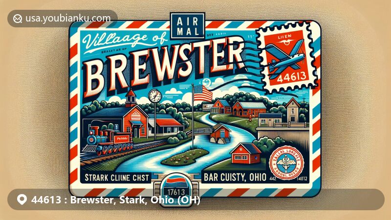Modern illustration of Brewster, Stark County, Ohio, capturing postal theme with ZIP code 44613, featuring Wheeling and Lake Erie Railway and Fairless Local School District within a vintage air mail envelope, embellished with Ohio state flag and Sugar Creek.