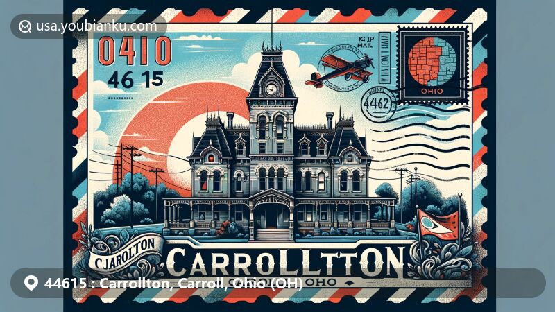 Modern illustration of Carrollton, Carroll County, Ohio, highlighting postal theme with ZIP code 44615, featuring the Historic Van Horne Building and Ohio state symbols.