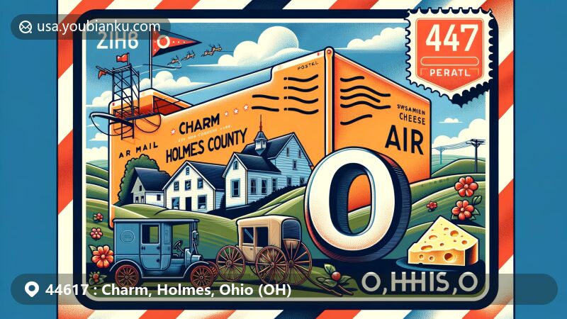 Modern illustration of Charm, Holmes County, Ohio with postal theme and ZIP code 44617, featuring rolling hills, Amish horse and buggy, Baby Swiss cheese representing local culture, and Ohio state flag.