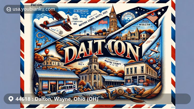 Modern illustration of Dalton, Wayne County, Ohio, featuring postal elements within an airmail envelope border, highlighting the village's rich history, community spirit, and establishment in 1855 from merging of Dover, Middletown, and Sharon. Includes Dalton post office (est. 1825) and Ohio state flag, symbolizing postal significance and state pride, with ZIP code 44618 and 'Dalton, Ohio' prominently displayed.