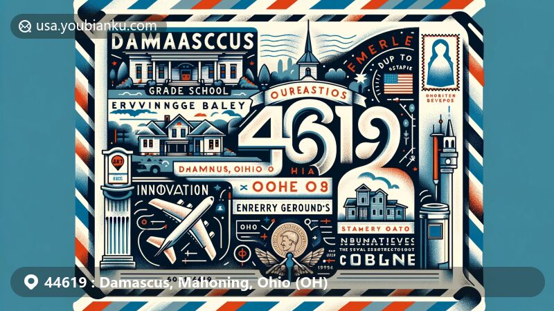 Modern illustration of Damascus, Ohio, inspired by ZIP code 44619, featuring Damascus Grade School, Ervin George Bailey, Friends Burying Grounds, and Ohio state symbols.