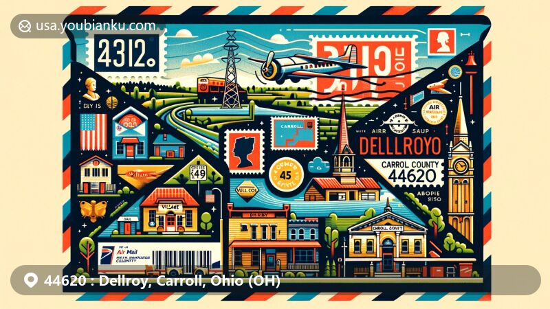 Modern illustration of Dellroy, Carroll County, Ohio, featuring postal theme with ZIP code 44620, showcasing village life and connection to Ohio State Routes 39 and 542.