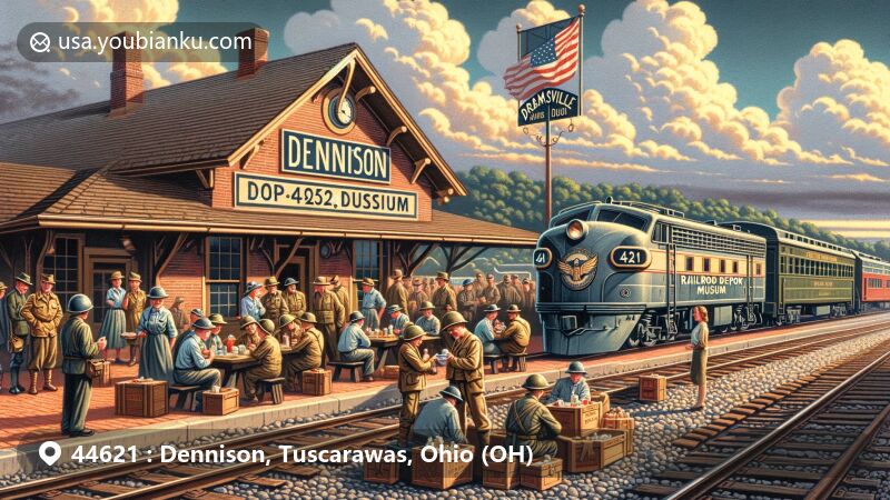 Modern illustration of Dennison, Ohio, ZIP code 44621, capturing rich railroad heritage and WWII contribution, featuring Dennison Railroad Depot Museum and vintage trains.