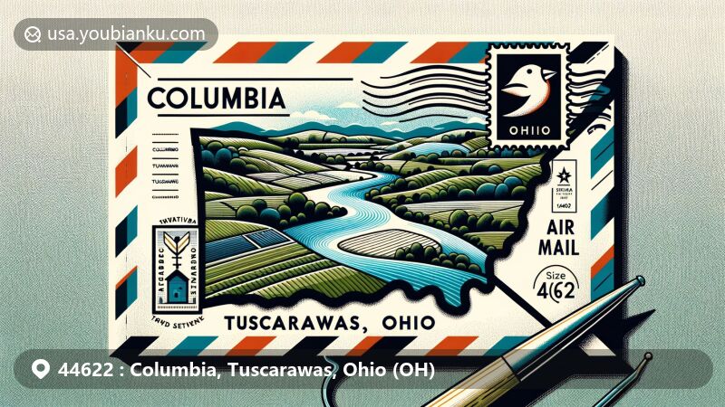 Modern illustration of Columbia, Tuscarawas, Ohio, featuring air mail envelope with stylistic representation of Tuscarawas River and Ohio outline, highlighted by ZIP code 44622.