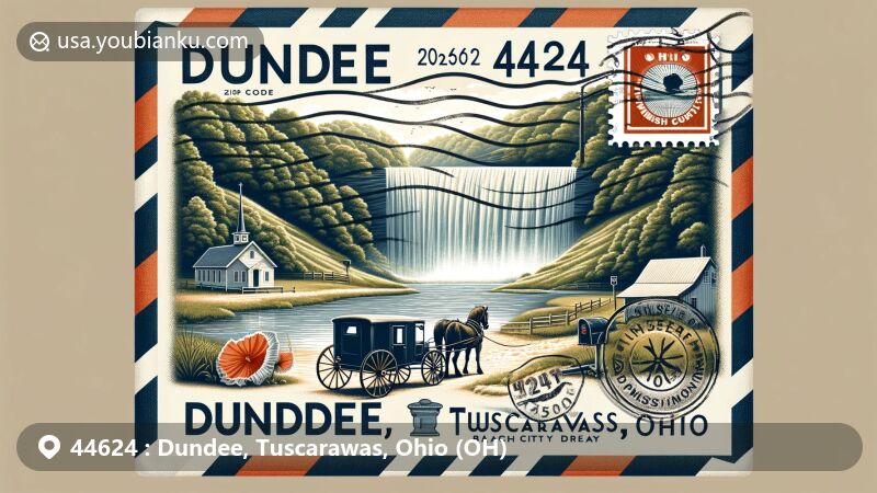 Modern illustration of Dundee Falls, Beach City Wildlife Area, Ohio, featuring a vintage airmail envelope with ZIP code 44624 and 2024 postmark, surrounded by Ohio's Amish Country nature.