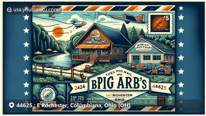 Modern illustration of East Rochester, Columbiana, Ohio, highlighting postal theme with ZIP code 44625, showcasing Big Arb's Campground and By The Way Cafe, capturing small-town charm and recreational attractions.