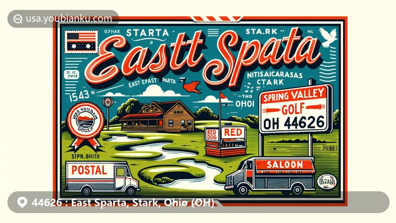 Modern illustration of East Sparta, Stark County, Ohio, with ZIP code 44626, featuring Spring Valley Golf Course, Red Dog Saloon, and local landmarks in a postal-themed design.