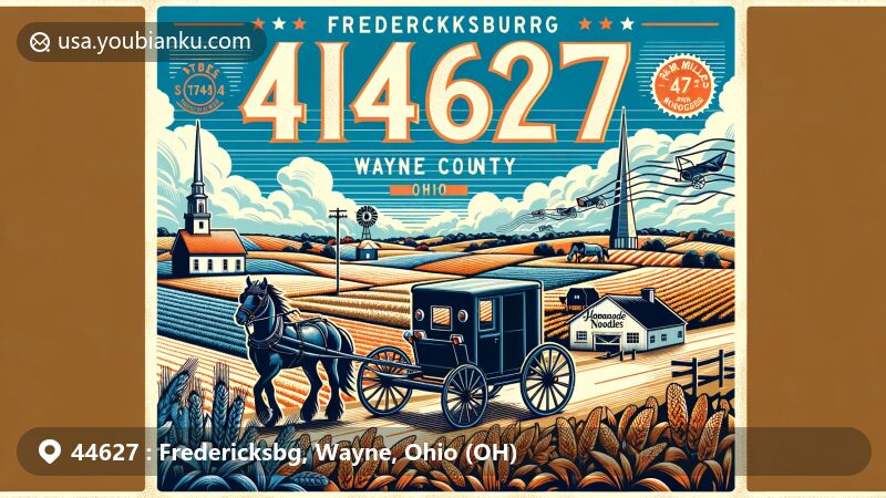 Modern illustration of Fredericksburg, Wayne County, Ohio, capturing Amish culture with a backdrop of rolling farmlands, Amish horse-drawn buggy, and Mrs. Miller's Homemade Noodles, designed as a postcard with airmail elements and ZIP code 44627.