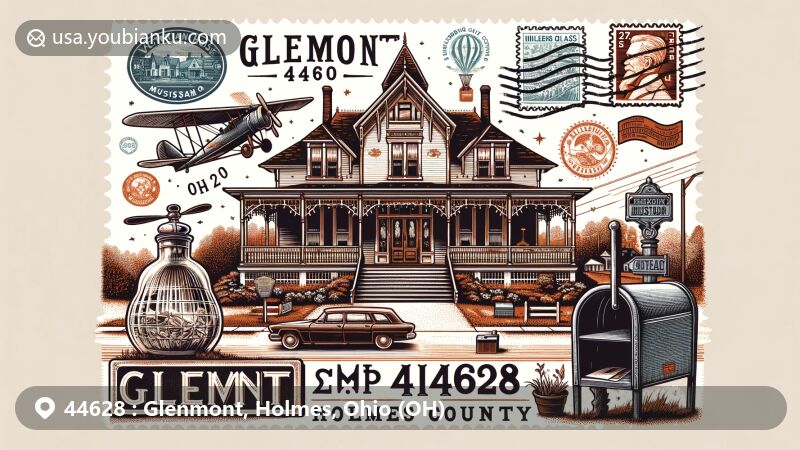 Modern illustration of Glenmont, Holmes County, Ohio, showcasing historical charm and cultural heritage, featuring Victorian House Museum, Millersburg Glass Museum, and postal elements like vintage air mail envelope, postal stamps, postmark for Glenmont ZIP code 44628, and old-fashioned mailbox.