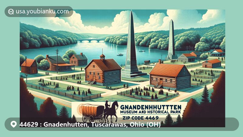Modern illustration of Gnadenhutten, Ohio, featuring iconic 35-foot monument, log buildings at Gnadenhutten Museum, and Tuscarawas River, commemorating Gnadenhutten Massacre with Amish Country influences.