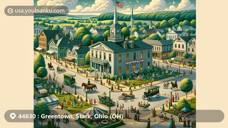 Modern illustration of Greentown, Ohio, highlighting Greentown Museum, historical buildings, and community event, blending town history and natural beauty with postal-themed elements.