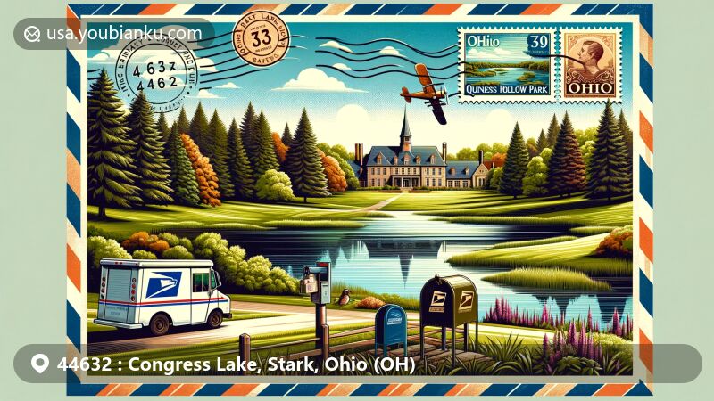 Modern illustration of Congress Lake, Stark County, Ohio, highlighting natural beauty of Quail Hollow Park and vintage postal theme with ZIP code 44632, featuring historic Manor House and iconic Ohio state symbols.
