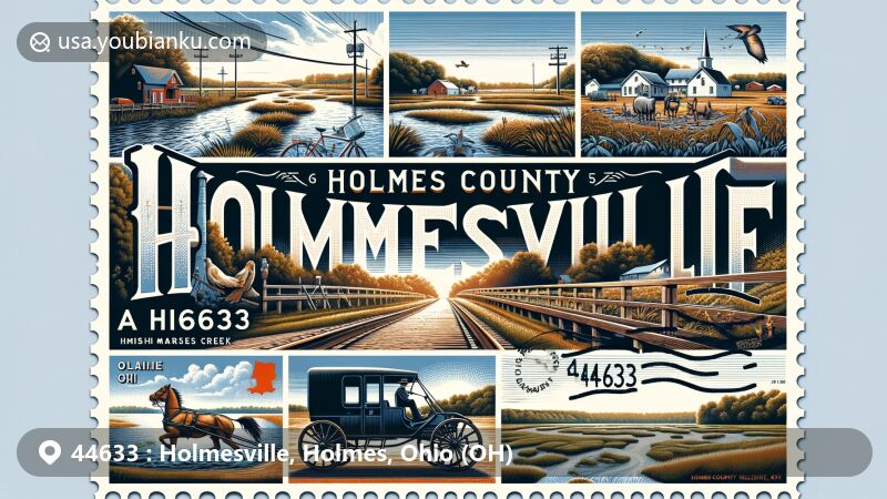 Modern illustration of Holmesville, Holmes County, Ohio, featuring Holmes County Rails to Trails and Killbuck Marsh Wildlife Area, showcasing natural beauty and Amish country culture, with postal elements and vintage postage stamp design.