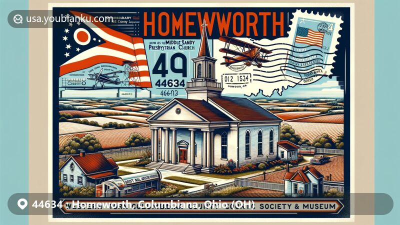 Modern illustration of Homeworth, Columbiana County, Ohio, portraying Middle Sandy Presbyterian Church with Greek Revival architecture, now Western Columbiana County Historical Society & Museum, featuring vintage postal elements like air mail envelope, postage stamp with ZIP code 44634, and Homeworth postmark, capturing rural scenery and Ohio state symbols.