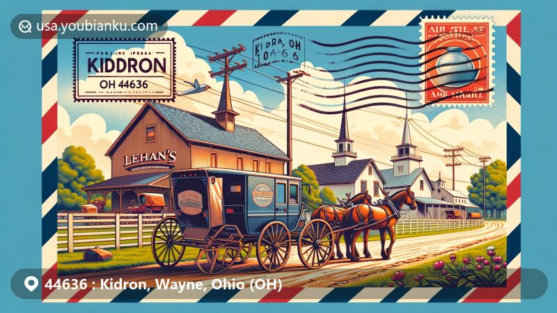 Modern illustration of Kidron, Ohio, highlighting postal theme with Lehman's landmark and Amish country charm, featuring Ohio state flag and postal symbols in a vintage air mail envelope.