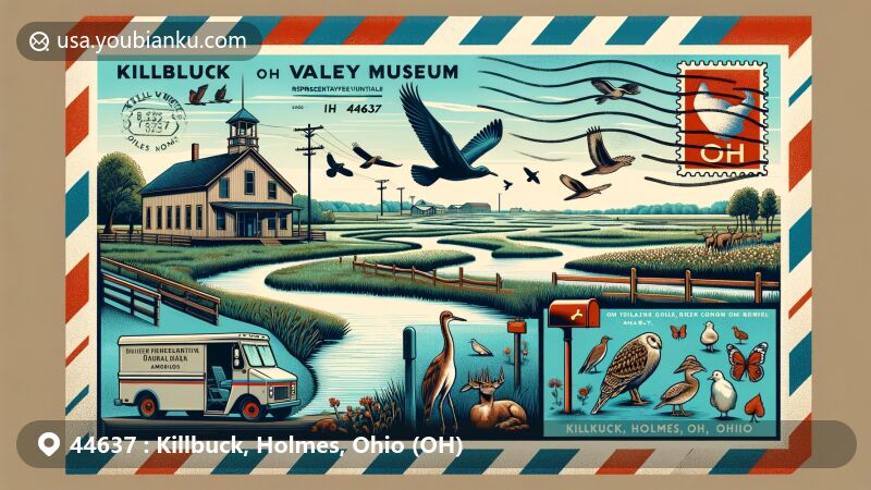 Modern illustration of Killbuck, Holmes County, Ohio, incorporating postal theme with ZIP code 44637 and showcasing local natural and cultural highlights, including Killbuck Valley Museum silhouette, Killbuck Creek, marshland, and airmail elements.