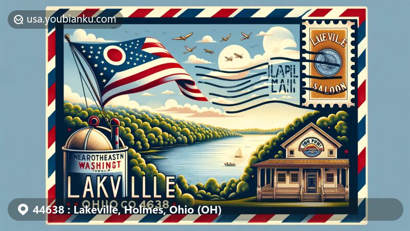 Modern illustration of Lakeville, Ohio, showcasing Odell Lake, Iron Pony Saloon, and Ohio state flag within an air mail envelope, featuring postal elements like vintage stamp and classic mailbox.