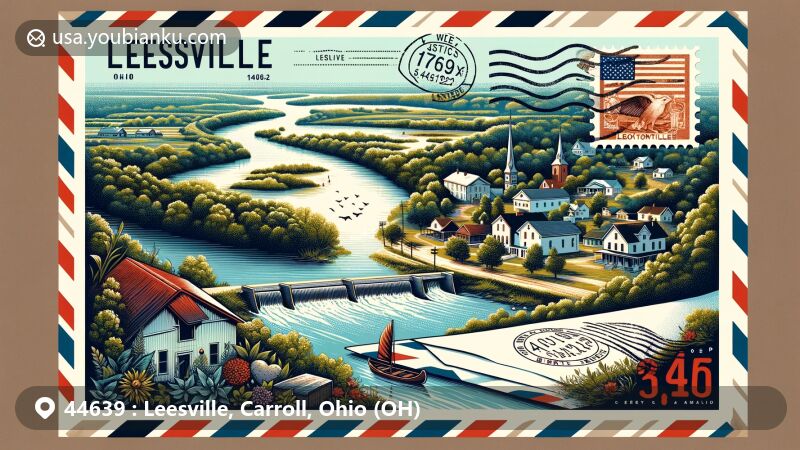 Modern illustration of Leesville, Ohio, showcasing postal theme with ZIP code 44639, featuring Conotton Creek, Leesville Lake, and the local wildlife area.