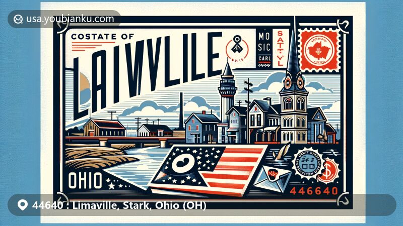 Modern illustration of Limaville, Stark County, Ohio, inspired by ZIP code 44640, featuring symbolic postal card design highlighting location in Stark County and Ohio state.