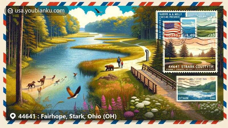 Modern illustration of Fairhope Nature Preserve and Molly Stark Park in Stark County, Ohio, blending natural beauty with iconic postal elements, including vintage postcard style and airmail envelope border.