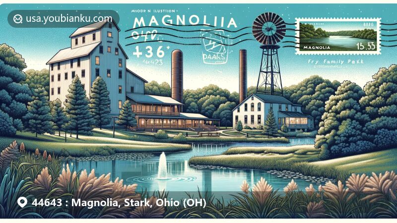 Modern illustration of Magnolia, Stark, Ohio, showcasing historic Flouring Mills and Fry Family Park's diverse ecosystems with grasslands, hardwood forests, and a tranquil pond, complemented by postal elements like vintage postage stamp, postmark overlay, and airmail border.