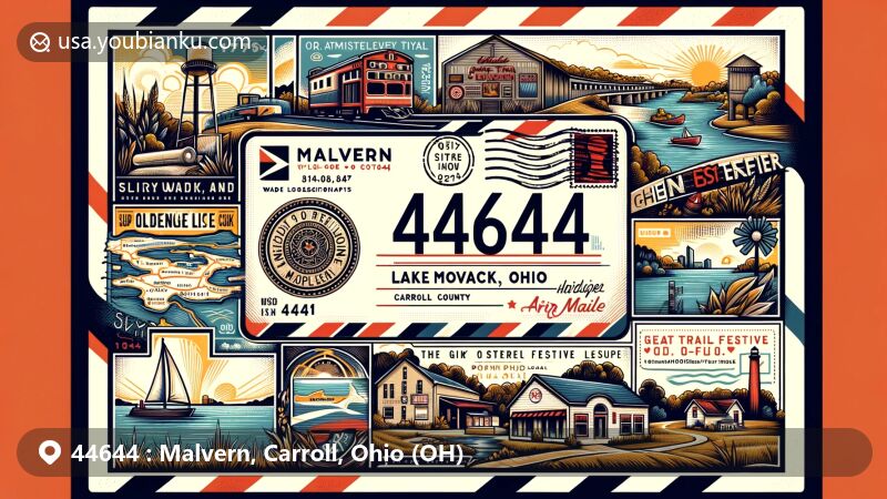 Modern illustration of Malvern, Ohio, showcasing postal theme with ZIP code 44644, featuring Lake Mohawk, the Great Trail Festival, and heritage in the brick industry.