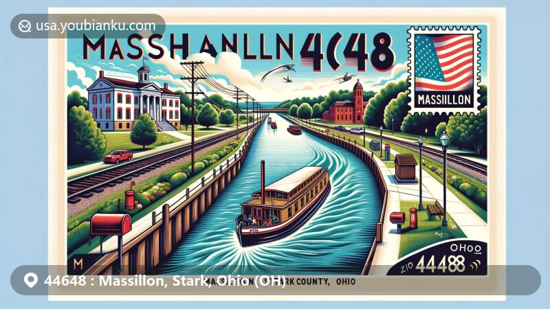 Modern illustration of Massillon, Stark County, Ohio, featuring historic Ohio and Erie Canal with traditional canal boat, Massillon Museum, vintage postage stamp, postal mark 'Massillon, OH 44648', and a quaint mailbox, highlighting the city's cultural heritage.