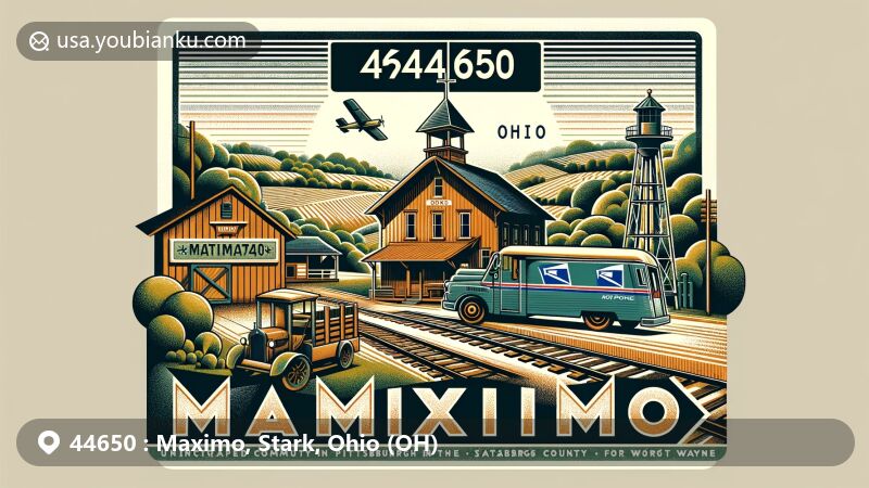Modern illustration of Maximo, Ohio, in Stark County, showcasing postal theme with ZIP code 44650, highlighting its historical roots as Strasburg and its role on the Pittsburgh-Fort Wayne rail line.