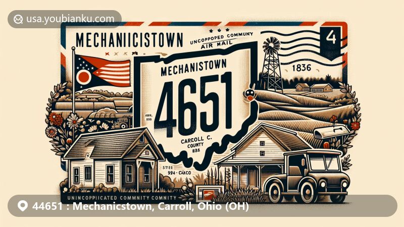 Modern illustration of Mechanicstown, Carroll, Ohio, showcasing postal theme with ZIP code 44651, featuring rustic charm, Mechanicstown Veterans Memorial, Ohio state flag, and postal service symbols.